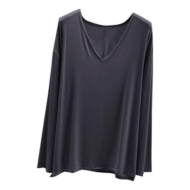 MeetoTime V Neck Long Sleeve Shirts for Women Comfortable Loose Tops Solid Color Lounge Tops Pullover