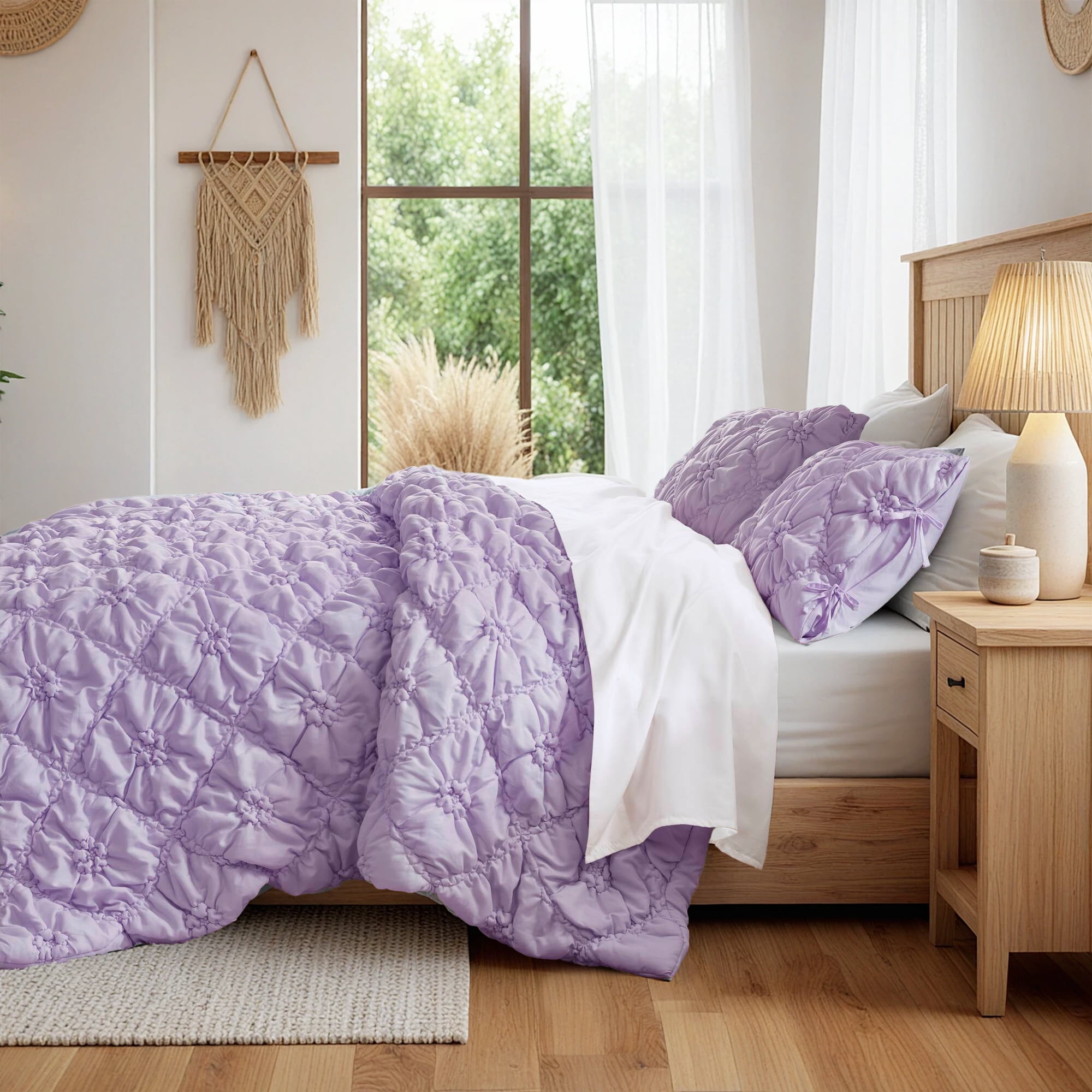 Regency Heights King Textured Floral Comforter Set, Puffy Bow Tie Dorm Bedding Sets, 3-Piece Purple Elastic Ruching Comforter Bed Set with Sham for All Season
