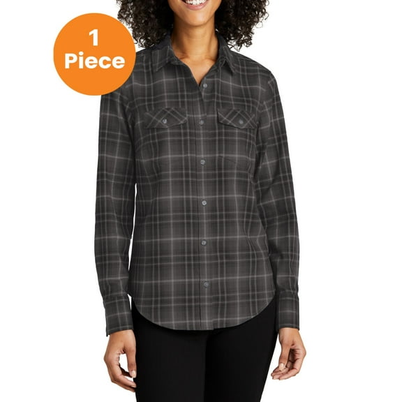 Port Authority LW672 Ladies Long Sleeve Ombre Plaid Shirt, Deep Black, XXL, Womens Button Down Shirts