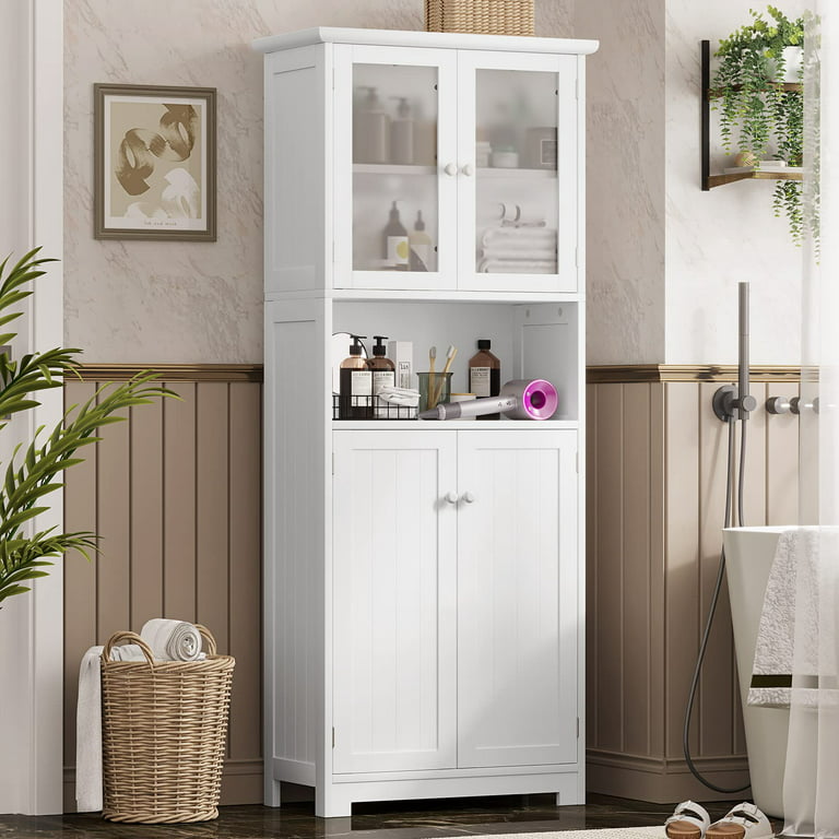 4 Doors Linen Storage Cabinet Adjule Shelves Wood Freestanding Bathroom Organizer With Open White Com