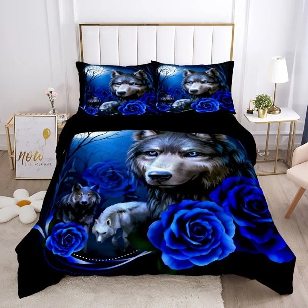 Moda Juego de Funda Nórdica Lobo Estampado Rosa Azul + 2 Fundas de Almohada