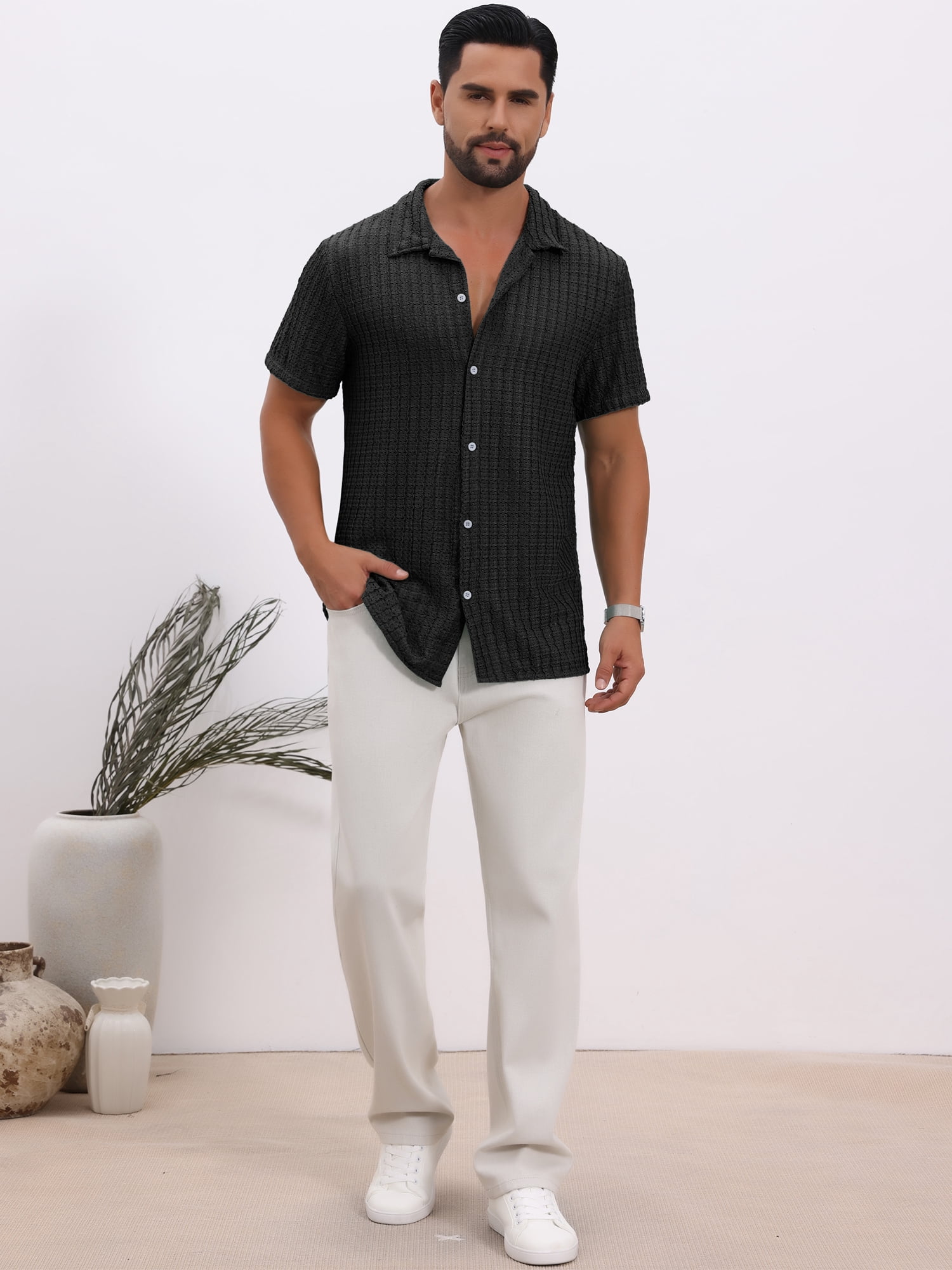 DARING DIVA Men's Casual Knitted Hollow Out Short Sleeve Shirt L Black