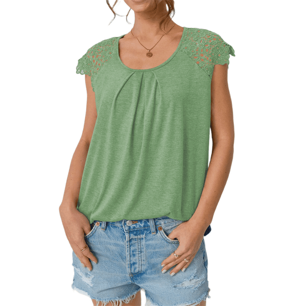 Blusas de Encaje para Mujer, Camisas Plisadas de Corta, Verde S