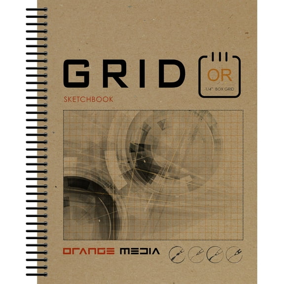 Orange Grid Sketchbook. Spiral Bound. Left Spine. Mixed Media Paper. 1/4" Box Grid. (8.5" x 11") SB-2550-LS