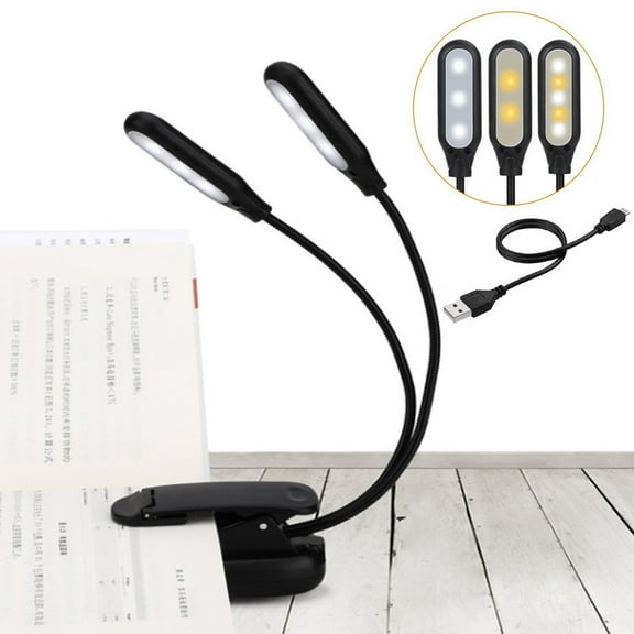 YMTQ 2 Arms Rechargeable Music Stand LED Light Clip-on Dimmable Bed Book Reading Lamp with USB Charging Cable