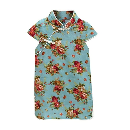 

LIhncine Girls Dress Girls Summer New Short Sleeved Cute Cartoon Floral Fashion Cheongsam Dress (Green 2-3 Years)