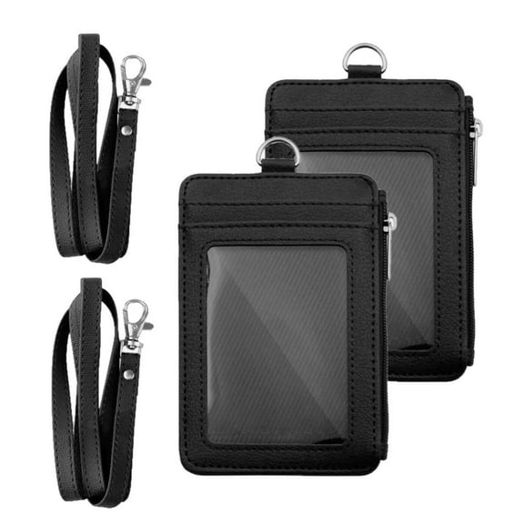 2 Pack Vertical PU Leather Badge Holder with Zip and Detachable Neck Lanyard Slim Double Sided PU Leather ID Card Holder Wallet Case with 5 Card Slots 1 Side Zipper Pocket and 18" PU Neck Strap-Black