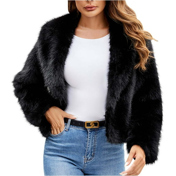 ZACPNCV Womens Ladies Warm Faux Furry Jacket Winter Solid Turn-Down Collar Outerwear Black