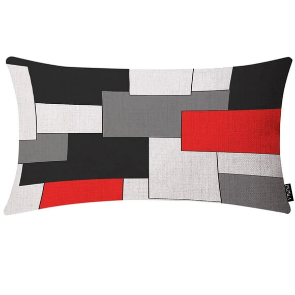 EKOBLA Paneling Pattern Pillow Cover Geometric Rectangular Block Red Black Waist Lumbar Cotton Linen Cushion Cover Oblong Rectangle Pillowcase for Men Women Home Decoration Bedroom 12x20 Inches