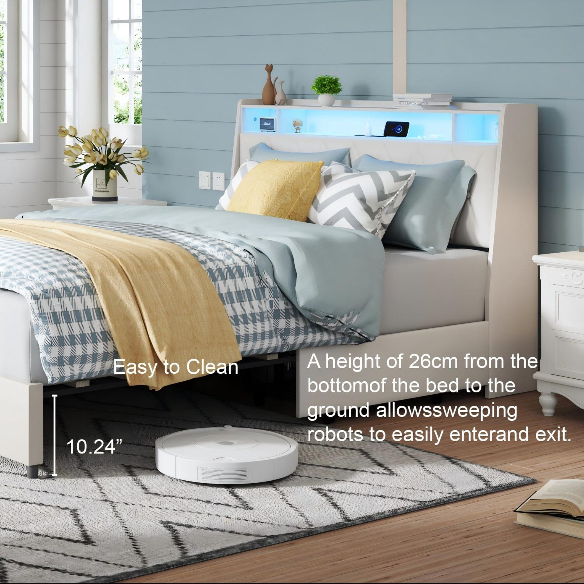 AENKYO Queen Size Bed Frame with LED Lights, Upholstered Storage Headboard & 4 Drawers, and Built-in Charging Station, Beige
