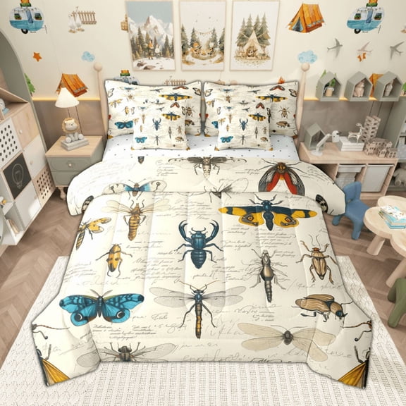 Manfei Wild Insects Bedding Comforter Set, Butterfly Dragonfly Moth Queen Bedding Sets, Vintage Animal Theme Queen Sheet Sets, Super Cozy Room Decor Reversible 7 Pieces