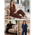 thumbnail image 3 of SHOWMALL Plus Size Pajamas for Women, 2 Piece Pajama Set, Cozy Ribbed Fleece Long Sleeve Henley Top & Wide Leg Lounge Pants, Warm Holiday Loungewear, Burgundy, 3 of 10
