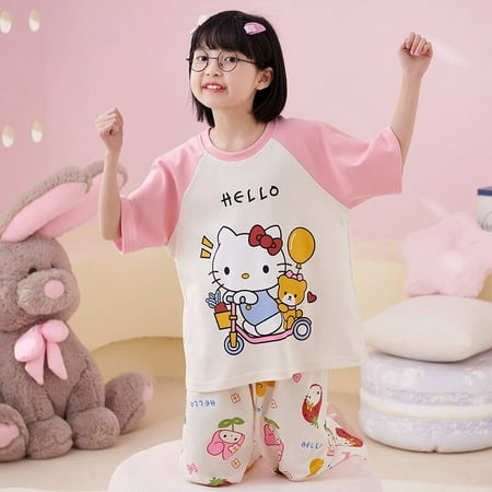 

Cartoon Sanrioed Kuromi Hellokittys Girls Summer Pajama Set Cute Parent-child Clothing Short Sleeved Long Pants Home Clothing