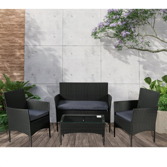 4 Pieces Outdoor Patio Set, All-Weather Rattan Loveseat and Chairs, Patio Seating Conversation Set with Glass Table and Cushioned Seats for Garden, Lawn and Backyard, Black