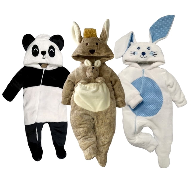 Kit 3 Mamelucos con Gorro Bordado Kiss Panda, Canguro Café, Conejo Baby Kisses KitB384