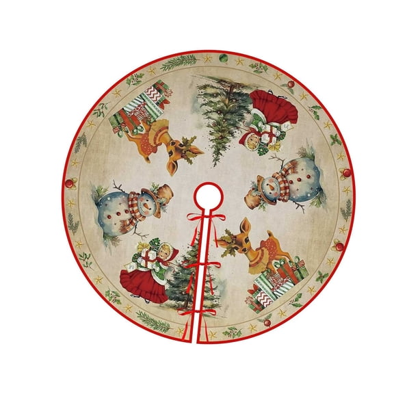 Vintage Christmas Tree Skirt, Round Fabric Tree Base Cover with Retro Snowman, Reindeer and Little Girl Print, Ribbon Tie Design Holiday Decor for Living Room and Christmas Party, 1 Pack