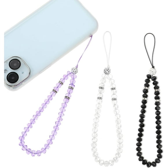 PinesC 3pcs Crystal Cell Phone Lanyard, Mobile Phone Lanyard Wrist Strap Universal Bling Phone Charms Cell Phone Chain Beads Accessories for Women Girls Purple+White+Black