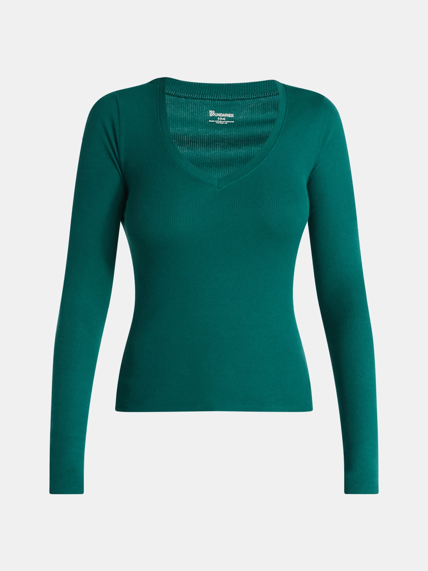 No Boundaries V-Neck Ribbed Top with Long Sleeves, Women’s