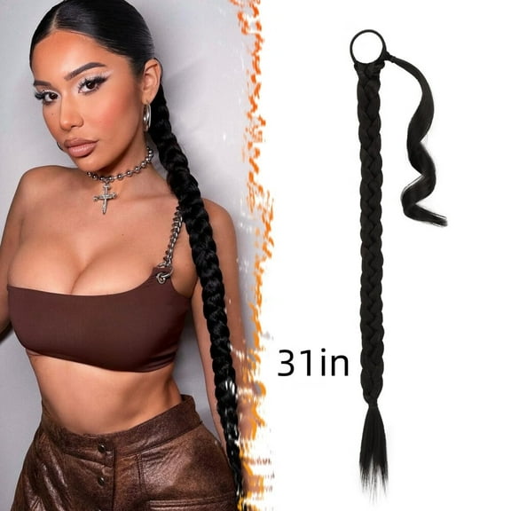 30 Inch Long Braided Ponytail Extension for Women - Straight Sleek Wrap Around Black Braid Ponytail Hair Extensions with Hair Tie - Synthetic Pony Tails Hairpieces - Natural Black