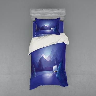 Ambesonne Winter Bedding Set 3 Pcs, Snowy Mountains and House, Twin XL, Dark Violet Ceil Blue