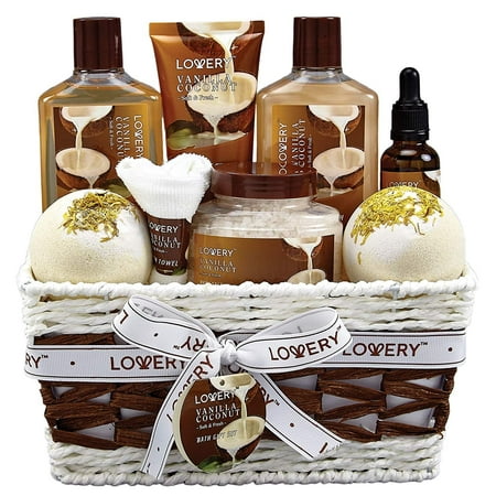 Gift Baskets Canada Spa - Bath and Body Gift Basket For Women – 9 Piece Set of Vanilla Coconut Home Spa Set, Includes Fragrant Lotions, Extra Large Bath Bombs, Coconut Oil, Luxurious Bath Towel and More