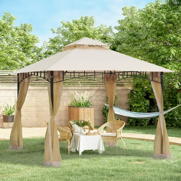 Outsunny 116.25" x 116.25" Outdoor Patio Gazebo Canopy Tent with Mesh Sidewalls, 2-Tier Canopy for Backyard, Beige
