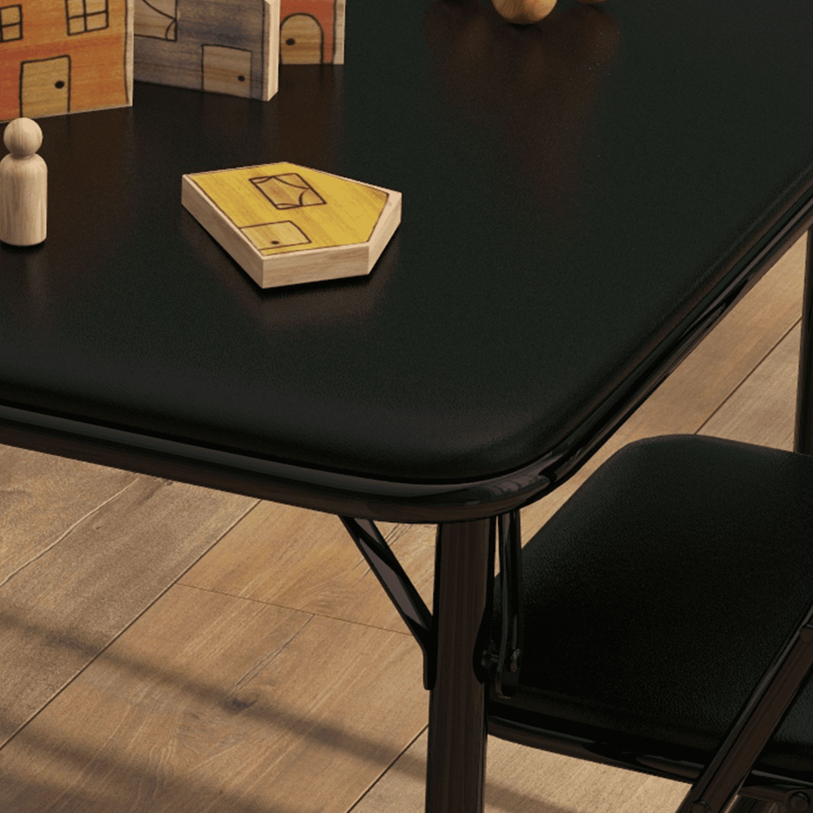 Rugerasy 3PC Folding Upholstered Table and Chair, Square Card Table and Chair Set with Pu Soft Cushion, Metal Frame Activity Table and Chairs Set for Daycare and Classroom,Black