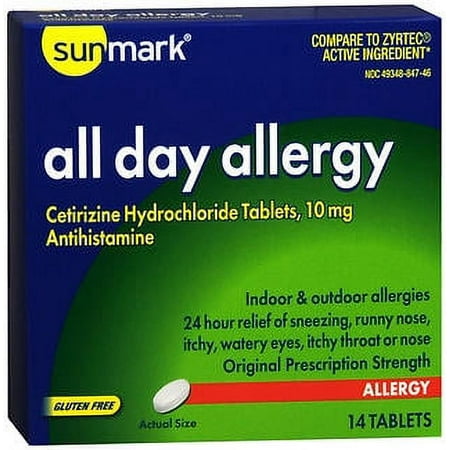 Sunmark All Day Allergy Cetirizine HCl Tablets, 10 mg, 14 Count