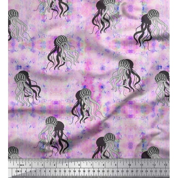Soimoi polyester Crepe Fabric Texture & Jellyfish Ocean Printed Craft Fabric by the Yard 52 Inch Wide