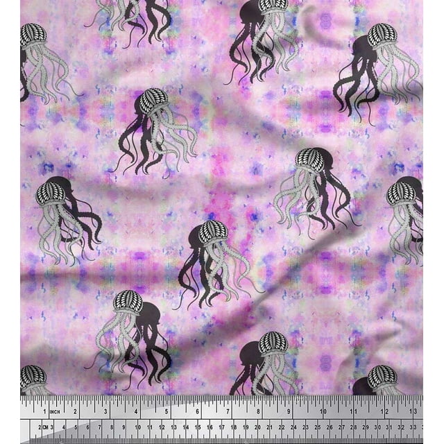 Soimoi Poly Georgette Fabric Texture & Jellyfish Ocean Print Sewing Fabric Yard 52 Inch Wide