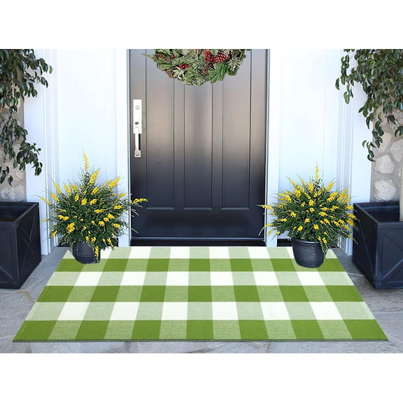 Buffalo Plaid Outdoor Rug 24''x51''Green and White Checkered Front Porch Rug Cotton Woven Washable Door Mat Outdoor for Layered Hello Welcome Door Mat Farmhouse Entryway