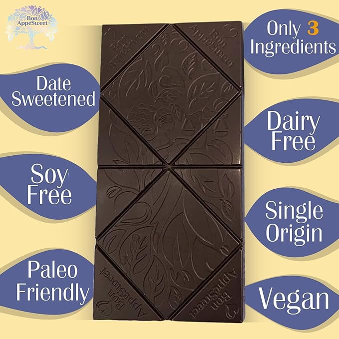 Bon Appesweet Date Sweetened Chocolate Bar - Deep Dark Chocolate | 2.2 Ounce (Pack of 5) | Organic, Zero Added Sugar, 70% Cacao, Plant Based, Dairy Free, and Guilt Free!