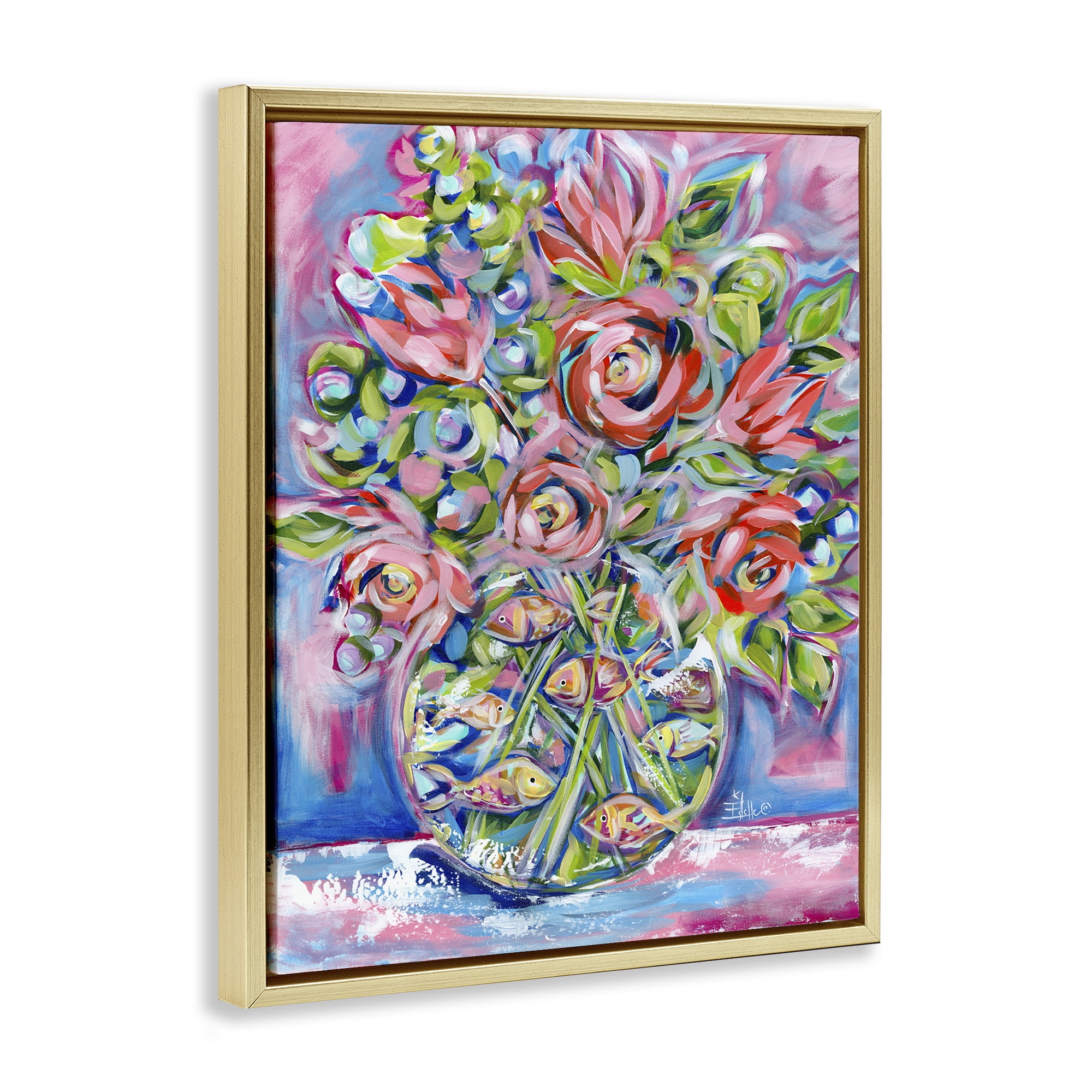 Stupell Industries Roses & Goldfish Vase Botanical & Floral Painting Gold Floater Framed Art Print Wall Art, 25 x 31
