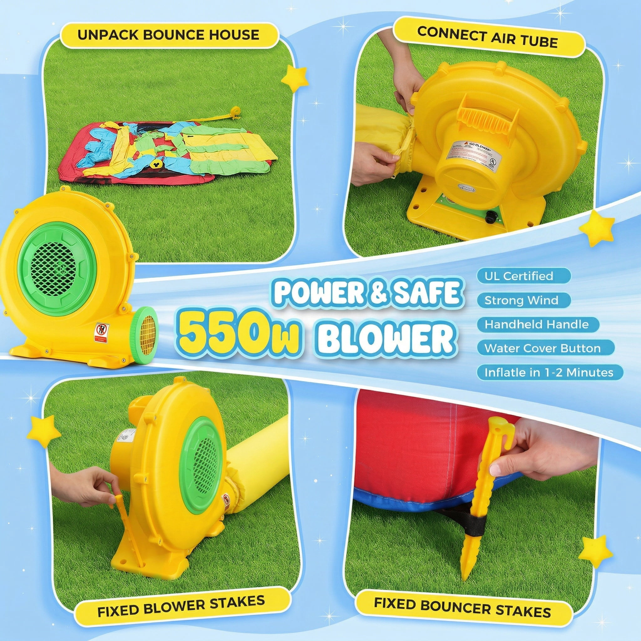 Adnoom Inflatable Obstacle Course Bounce House for Kids 3-12, 7-in-1 Jumping Castle with 550W Blower, Patio Bouncy House w/Dual Tunnels, Double Slides, Basketball Hoops, and Climbing, Indoor/Outdoor