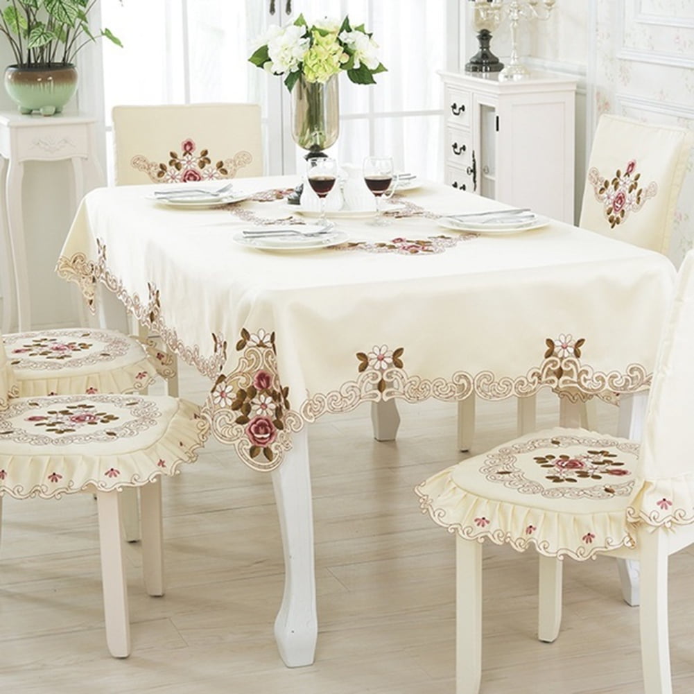 54x54" Square Beige Color Embroidery Satin Fabric Cutwork Tablecloth Embroidered 