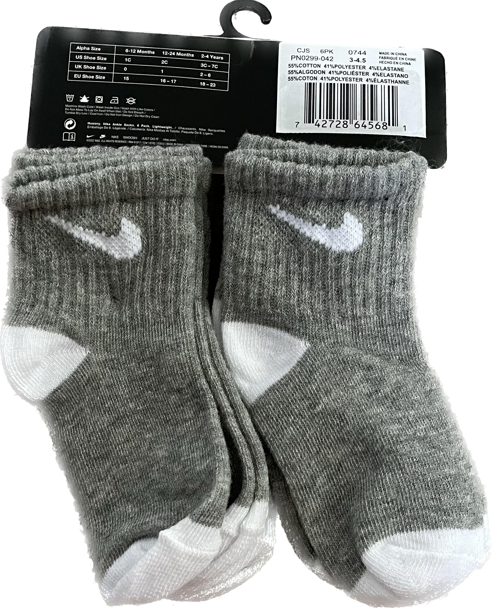 Nike Toddler 6 Pairs Lightweight Ankle Socks Size 2-4 Years