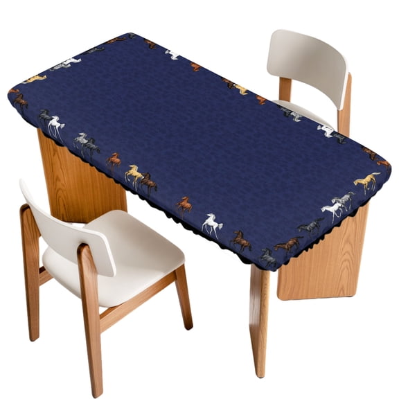Abstract Dark Blue Texture Fitted Rectangle Tablecloth 24" x 36" Running Horses Silhouettes Elastic Table Cloth Fits for 3 Foot Folding Tables Waterproof Table Cover for Picnic Camping Outdoor
