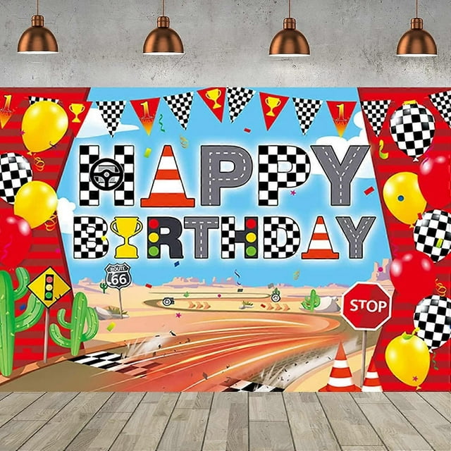 Racing Car Happy Birthday Backdrop Banner Racing Lane Photography Background for Boy Car Racing Party Decorations Red Black and White Checkered Banner