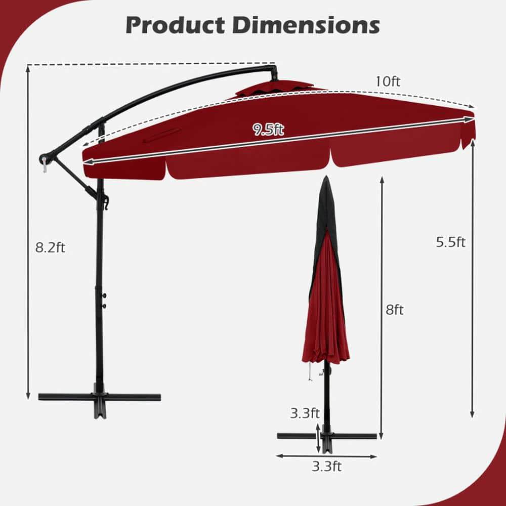 Spaco 10 Feet Patio Cantilever Umbrella, Outdoor Shade with Cover Tilt Adjustment and Ruffled Edge, Wine Red