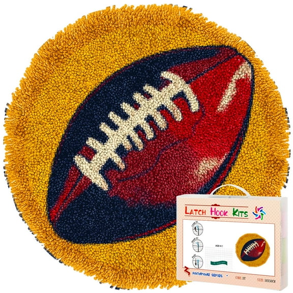 Latch Hook Rug Kit American Football Stamped Handmade Round Shape Carpet Crochet Yarn Craft DIY Hook and Latch Door Mat Tapestry for Home Floor Decor 50x50cm(5)