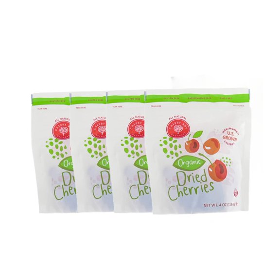 Cherry Bay Orchards Organic Dried Cherries (4 oz Bag) - 4 Pack - All Natural Montmorency Cherries - US Grown, No Pesticides, Organic Certified, Gluten & GMO Free - Resealable Pouch For Extra Freshness