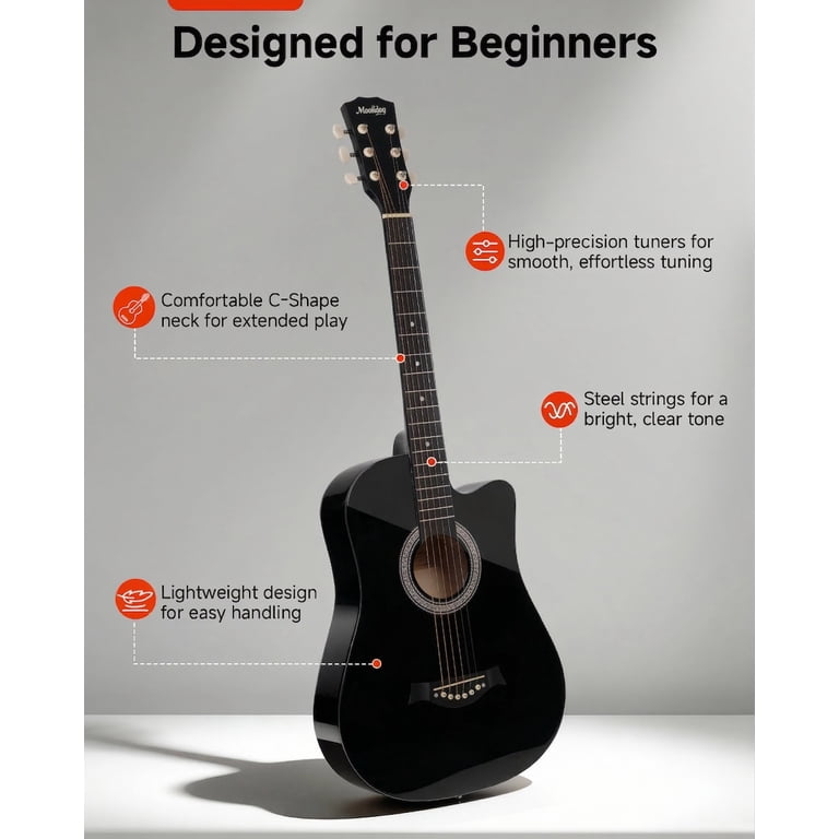 Moukey 38" Acoustic Guitar Beginner Kit, Black photo 2