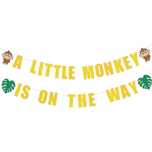A Little Monkey is on the Way Banner -Jungle Safari Baby Shower Party Decor, Cute Monkey Theme Baby Shower Birthday Party Decorations Gold Glitter