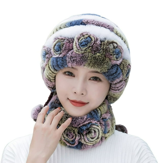 1 Set Women Hat Collar Set Colorful High Elasticity Cozy Plush Thick Ear Protection Regular Fit Neck Protection Women Hat Scarf Set for Daily Wear