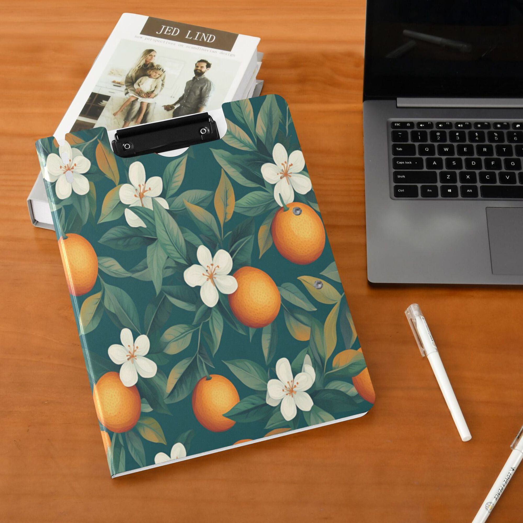 FORMRS A4 Clipboard Folder with Pen Holder Horizontal Foldable School Office Binder, Floral Orange Pattern