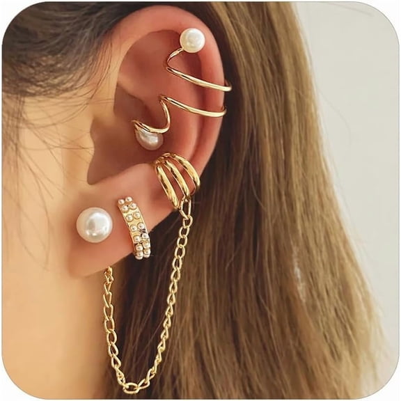 Gold Ear Cuff Earrings for Women Non Piercing Cute Small Clip-On Cartilage Earring Set 14K Gold Plated Tassel Chain Pearl Adjustable Cubic Zirconia Sparkling Round Huggie Ear Cuff Fake Punk Jewelry