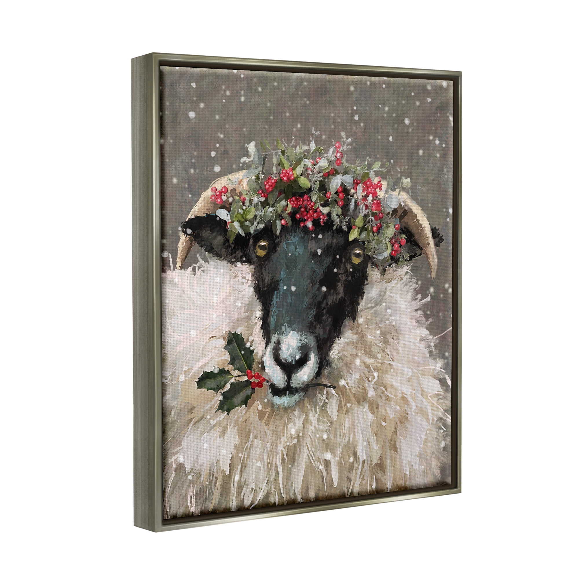 Stupell Industries Holiday Berries Farmhouse Sheep Holiday Painting Gray Floater Framed Art Print Wall Art