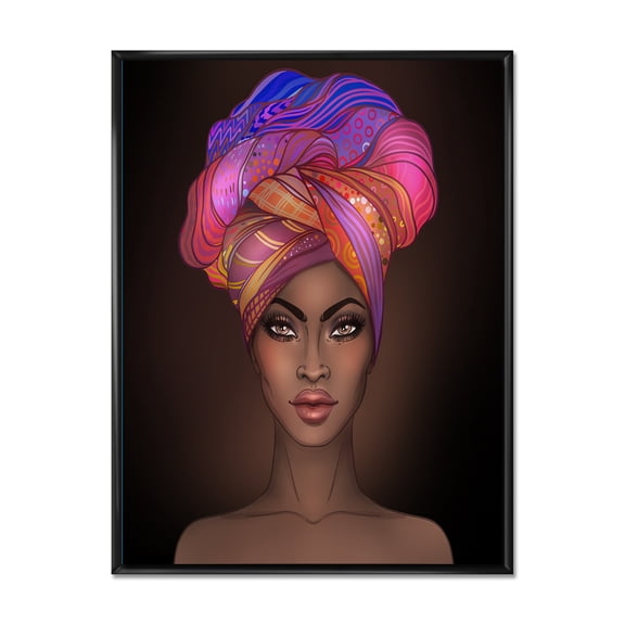 Designart 'African American Woman Portrait with Turban VI' Modern Framed Canvas Wall Art Print