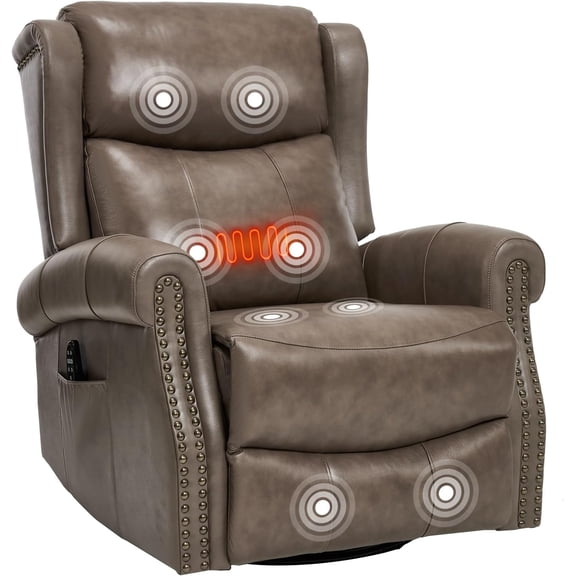 Genuine Leather Swivel Rocking Recliner Chair for Adults, 360° Swivel Glider Rocker with Heat & Vibrating Massage, Lounge Chair for Living Room, Bedroom, Nursery (Grey)