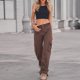 thumbnail image 5 of Pantalones cargo para mujer Cordón lateral Bolsillos múltiples Pantalones largos casuales de color puro para uso diario Marrón M, 5 of 8